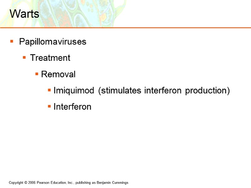 Warts Papillomaviruses Treatment Removal Imiquimod (stimulates interferon production) Interferon